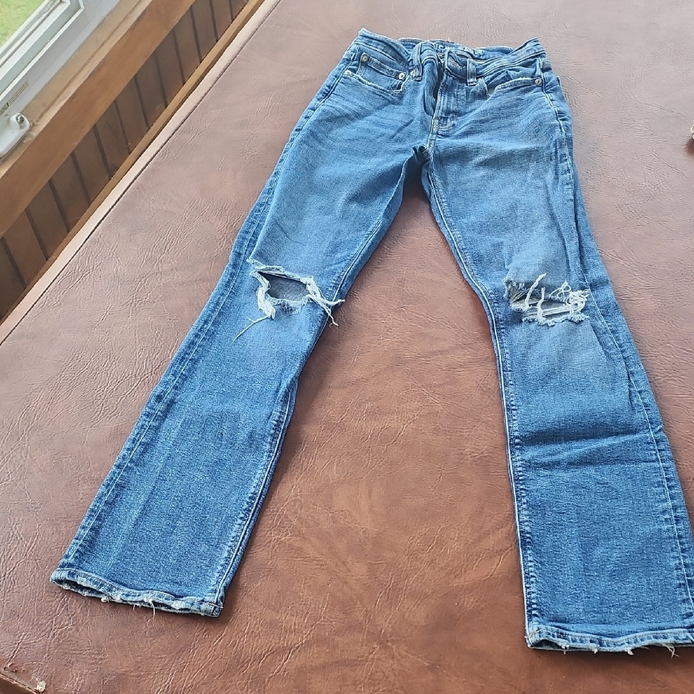 American Eagle Outfitters Blue Distressed Straight Leg Jeans